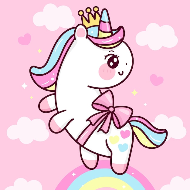 Cute unicorn princess cartoon fly over rainbow kawaii animal