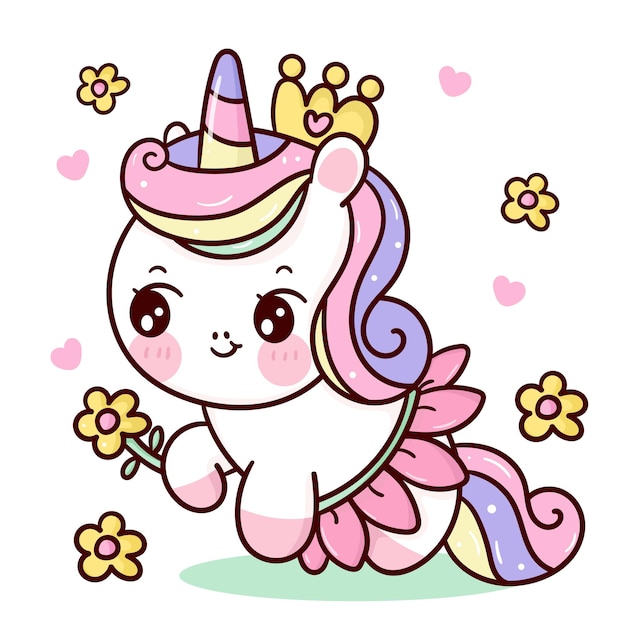 Cute unicorn princess cartoon holding flower and wear fancy blossom dress kawaii animal