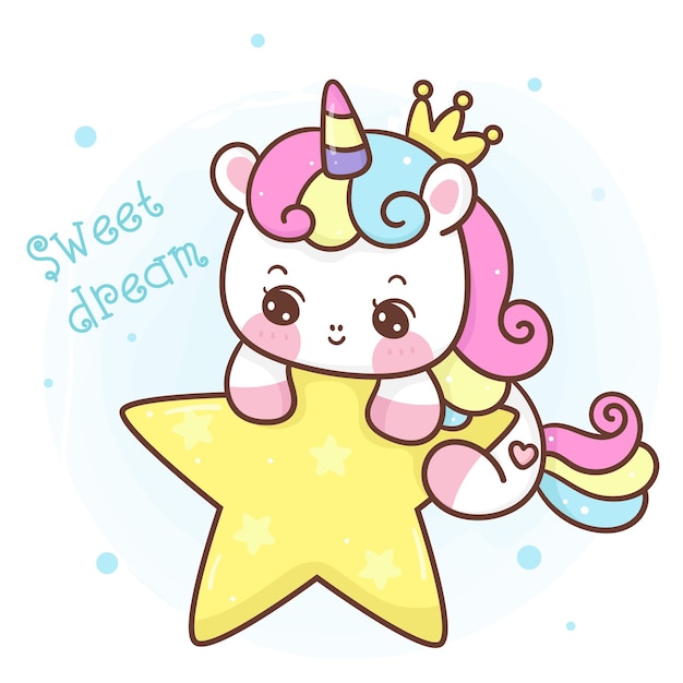 Cute unicorn princess on star kawaii cartoon