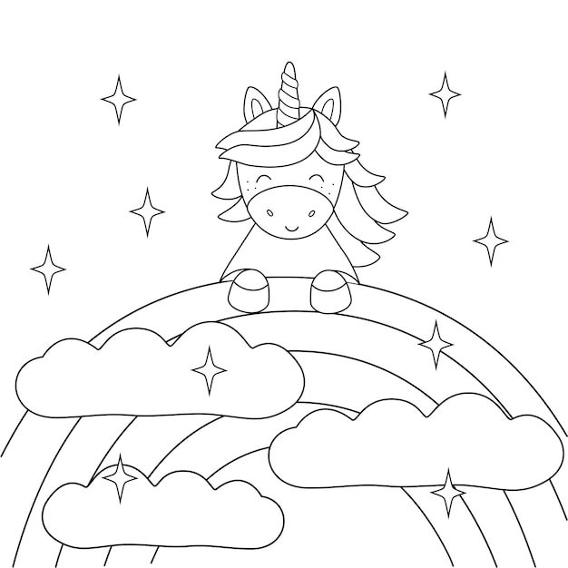 Cute unicorn on a rainbow. coloring page with an animal for children.