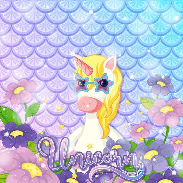 Cute unicorn on rainbow fish scales background