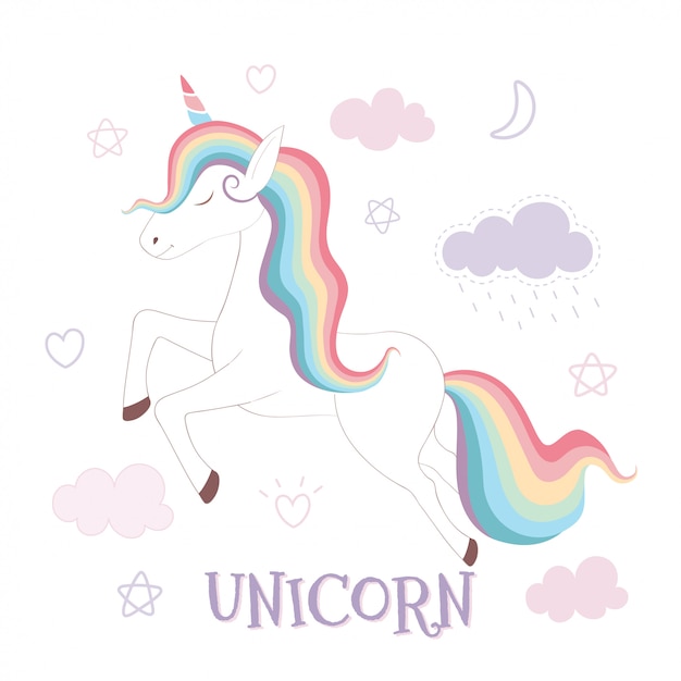 Cute unicorn and rainbow on pink sky background