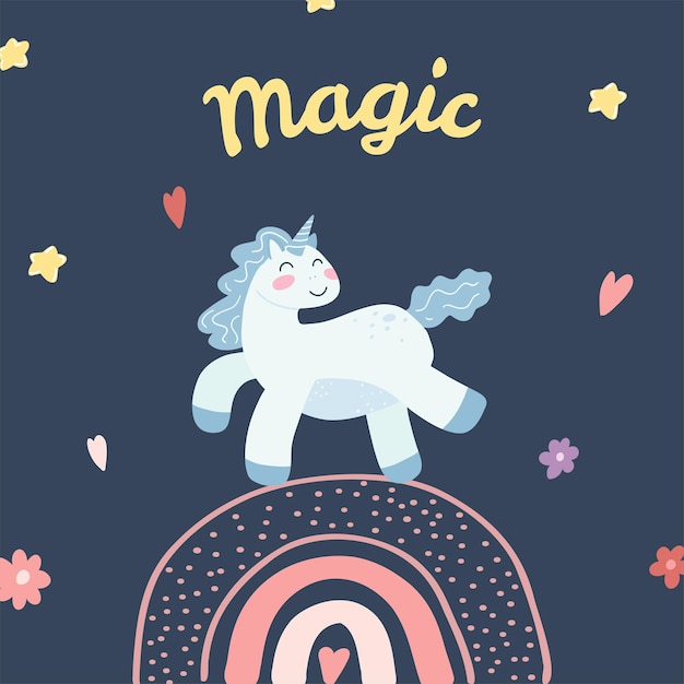 Cute unicorn rainbow and stars in cartoon flat style vector illustration of baby horse pony animal in tyrquoise color for fabric print apparel children textile design card nursery poster