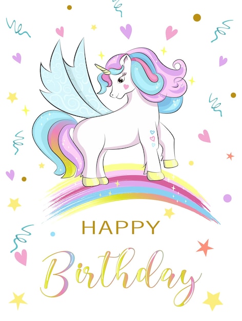 Vector cute unicorn on rainbow vector illustration birthday greeting card poster print party concept child