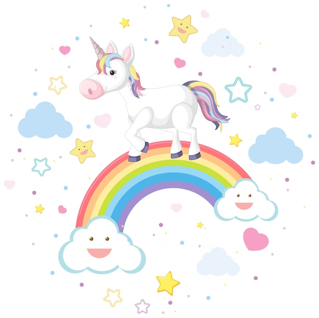 Unicorno carino sull'arcobaleno