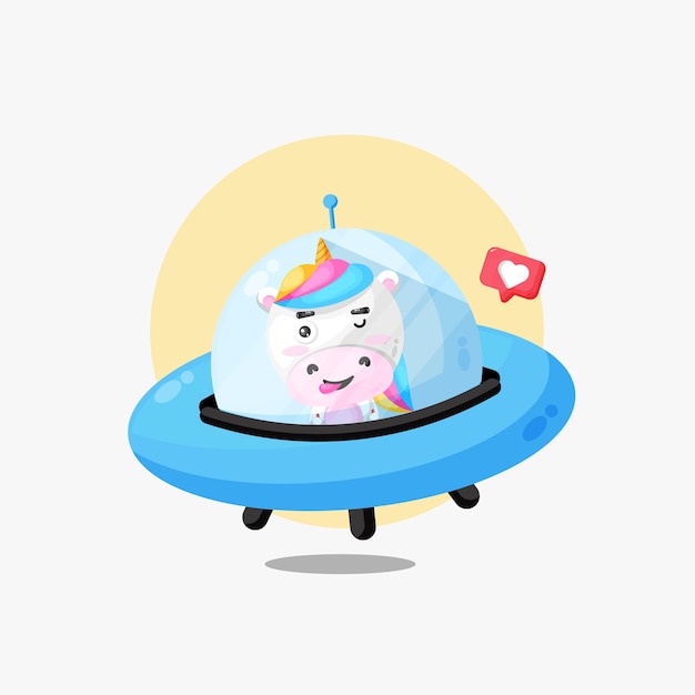 Cute unicorn riding a ufo icon illustration