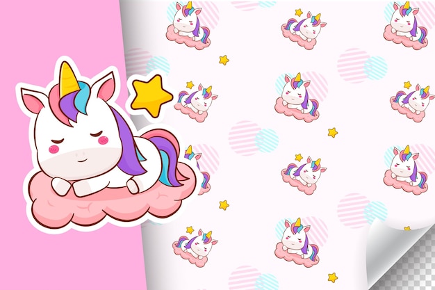 Cute unicorn seamless pattern. Adorable pony horse cartoon character. Hand drawn Kawaii animal