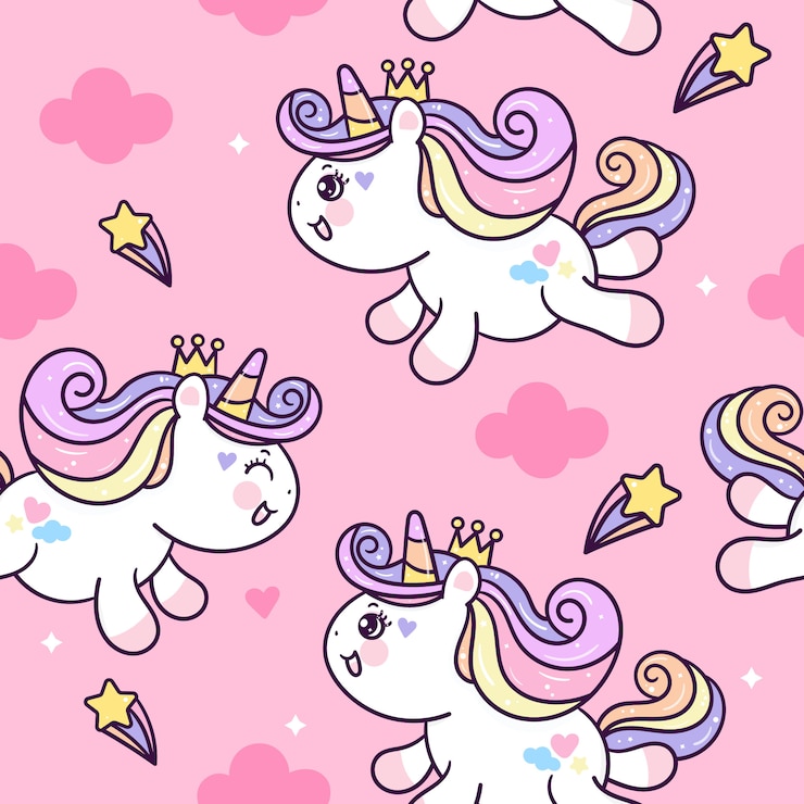 Vector cute unicorn seamless pattern  on clouds.