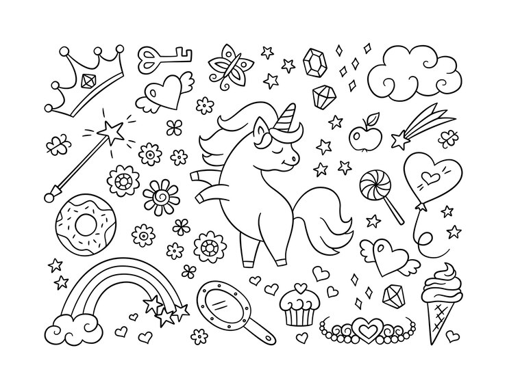 Vector かわいいユニコーンと魔法のオブジェクトのセット。落書きスタイルの流れ星、虹、ティアラ、魔法の杖