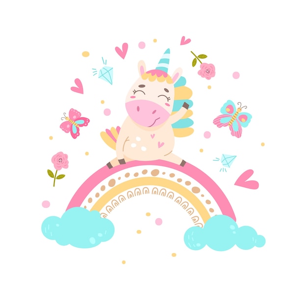 L'unicorno carino si siede su un arcobaleno. illustrazione semplice su uno sfondo isolato.