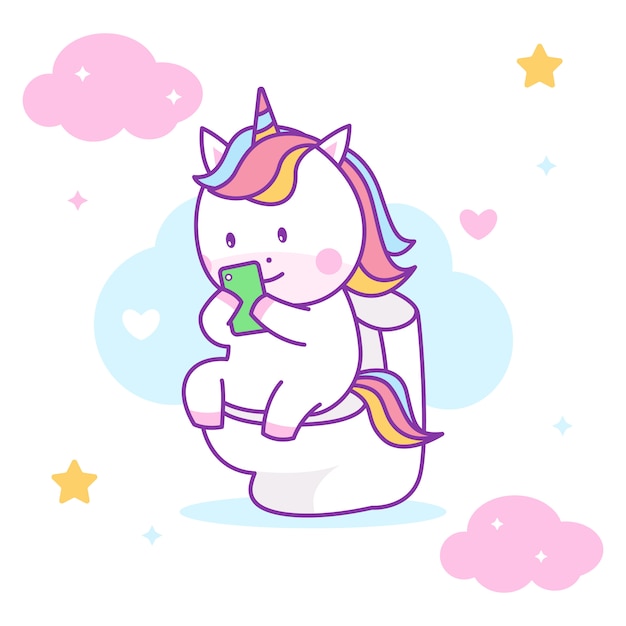 Cute unicorn sitting on closet and playing smartphone