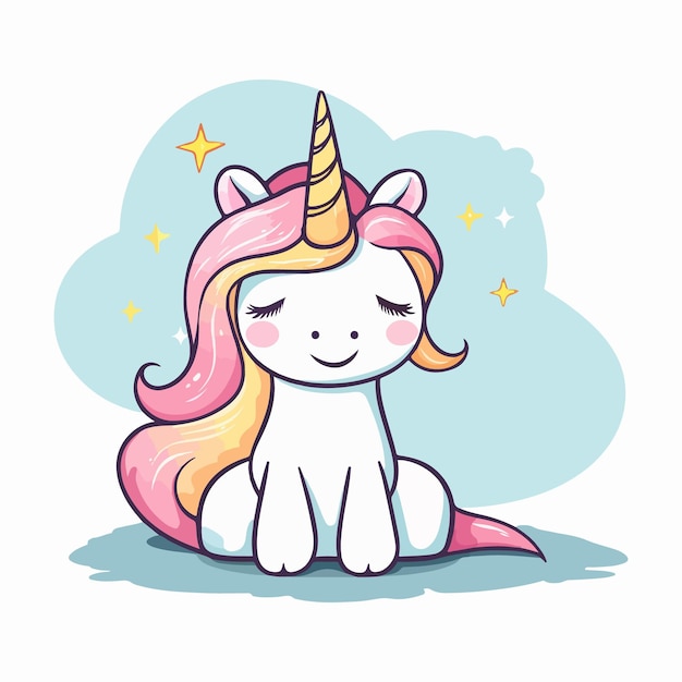 a cute unicorn sitting down with its eyes closed icon vector