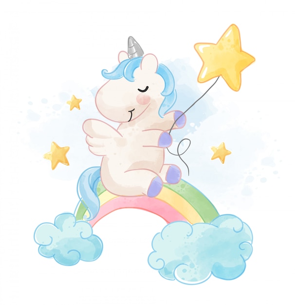 Unicorno sveglio che si siede sull'arcobaleno con l'illustrazione delle stelle