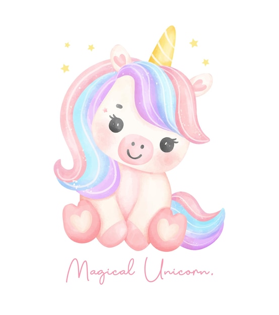 Cute unicorn sitting watercolor dreamy nursery art illustration magical unicorn