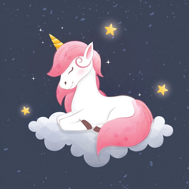 Cute Unicorn sleep on cloud night background.