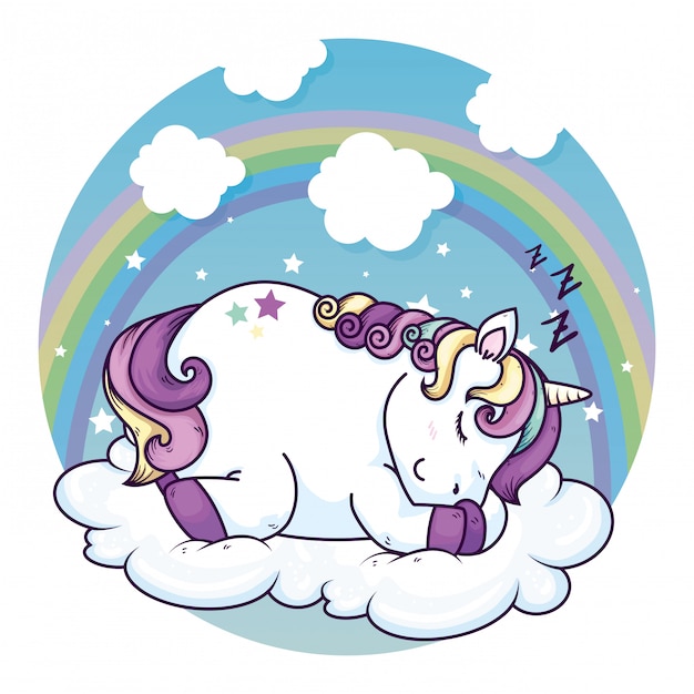 Unicorno sveglio che dorme in stile kawaii nuvola