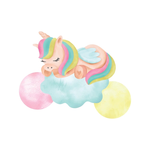 Vector cute unicorn sleeping on a cloud watercolor for cards invitations covers fantasy unicorns