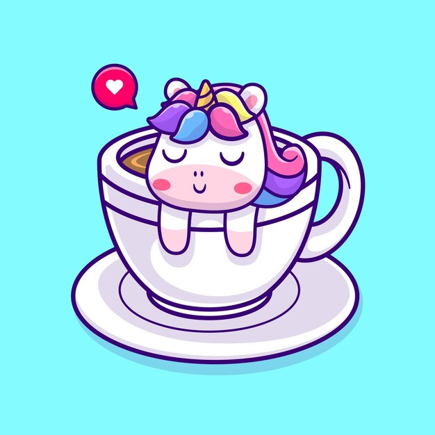 Unicorno carino che dorme in tazza di caffè cartoon icona vettore illustrazione. icona di bevanda animale isolata