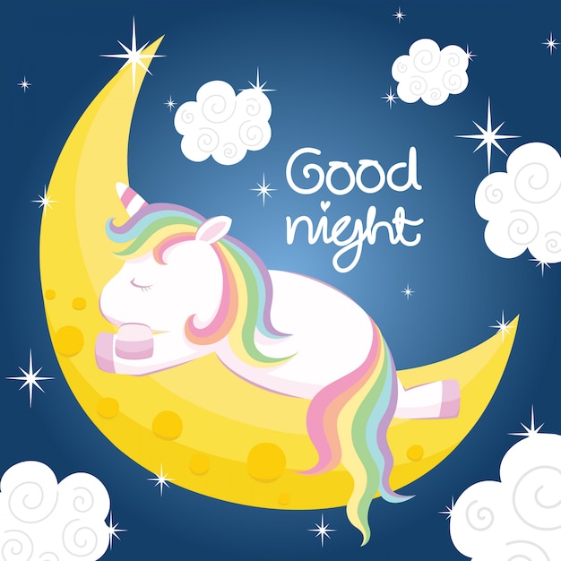 Cute unicorn sleeping on the moon