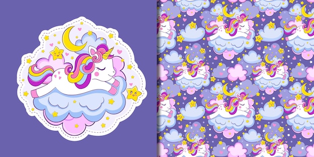 귀여운 유니콘은 구름 프린트와 아동복 디자인을 위한 매끄러운 패턴 위에서 잔다