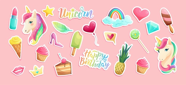 Cute unicorn stickers in flat style hand lettering text