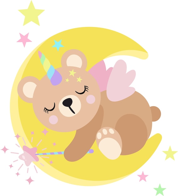 Cute unicorn teddy bear sleeping on moon