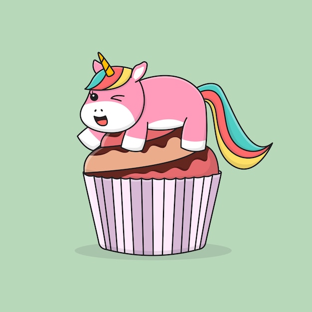 Unicorno carino sopra cupcake