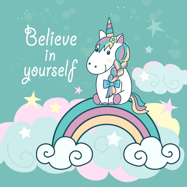 Cute unicorn vector illustration A unicorn sitting on a rainbow Cartoon kawaii style