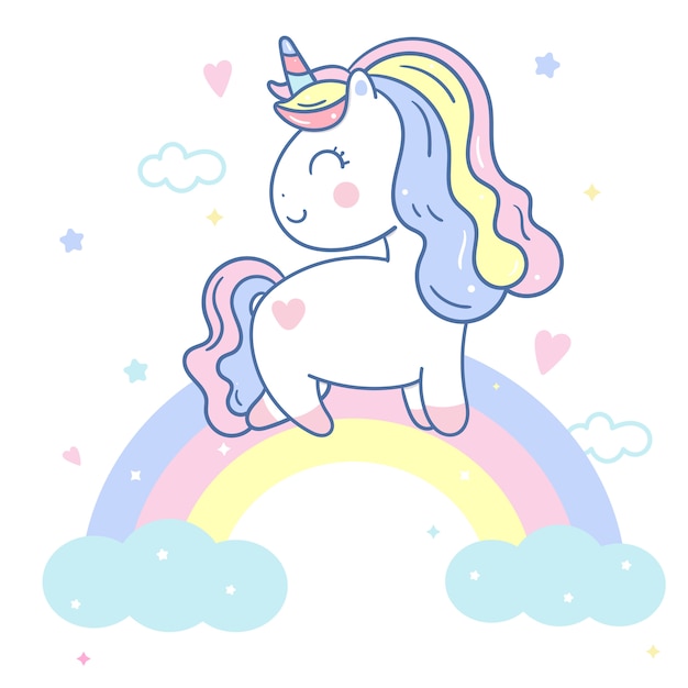 Vettore di unicorno carino su stile disegnato a mano arcobaleno