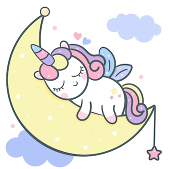Vettore sveglio dell'unicorno che dorme sul fumetto della luna