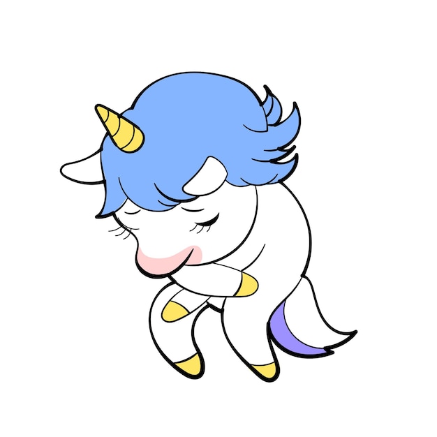 Vettore disegno di adesivo vettoriale carino unicorno. personaggio dei cartoni animati di pony. disegno emoji unicorno kawaii.