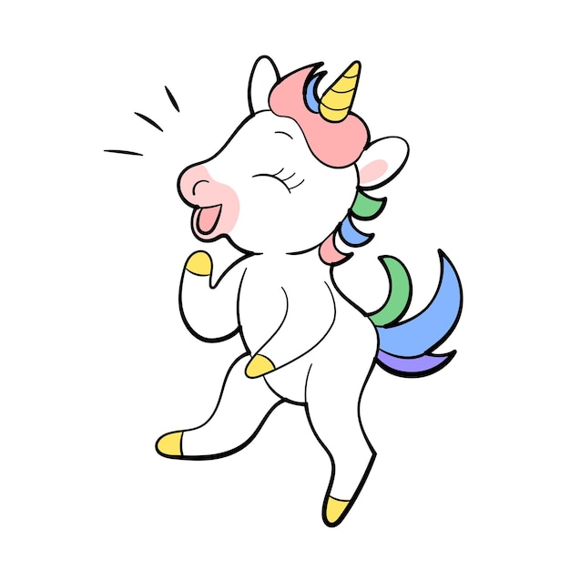 Vettore disegno di adesivo vettoriale carino unicorno. personaggio dei cartoni animati di pony. disegno emoji unicorno kawaii.