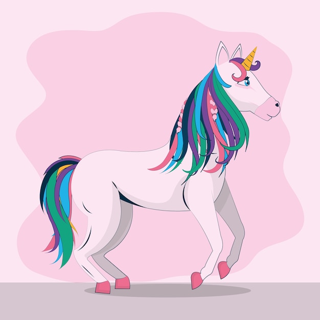 Vector cute unicorn walking over pink background vector illustration graphic design