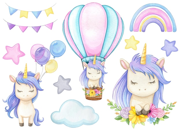 Vector cute unicorn watercolor clipart