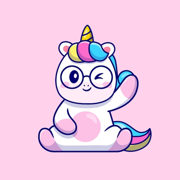 Cute unicorn waving hand and wearing glasses cartoon vector icon illustration