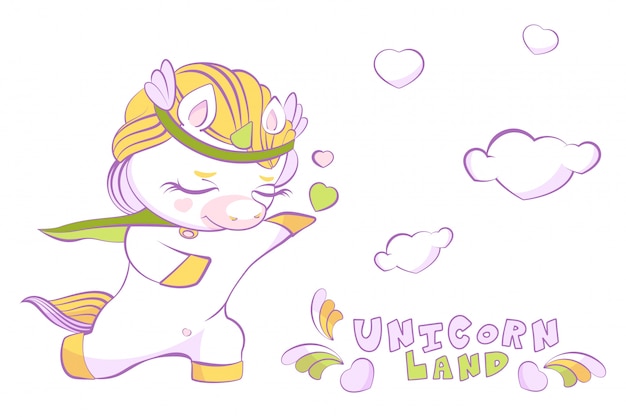 Cute unicorn white prince in love on one knee