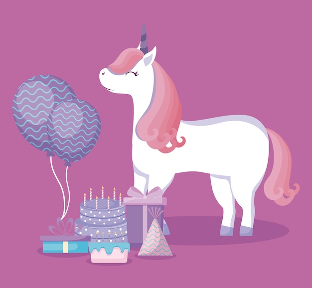 Unicorno carino con palloncini elio e set di icone