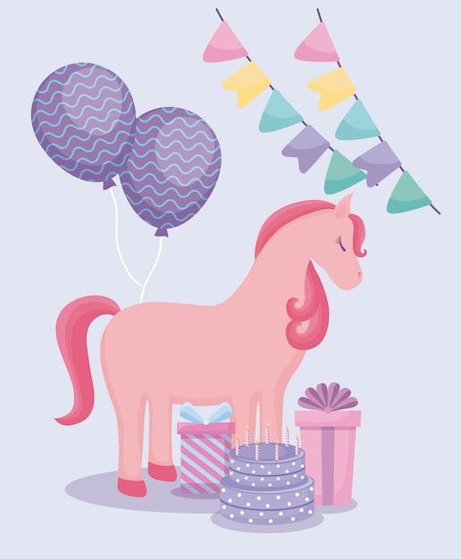 Unicorno carino con palloncini elio e set di icone