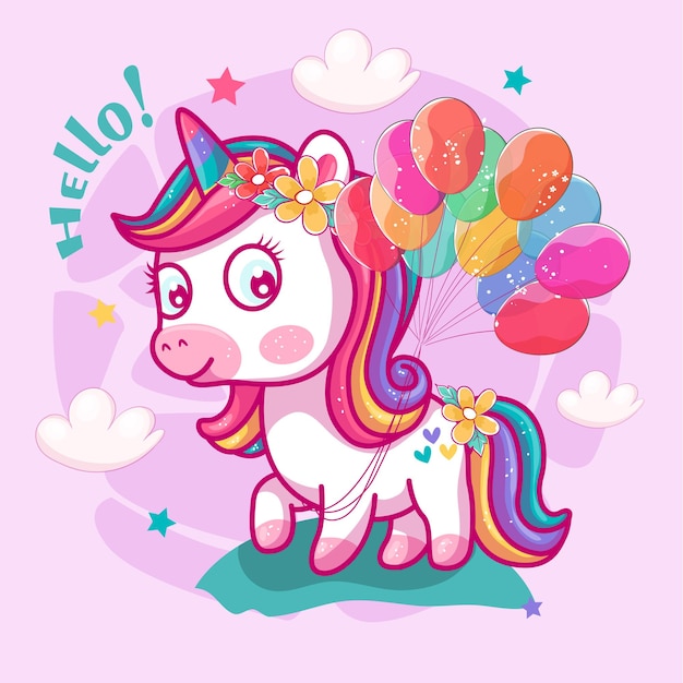 Cute unicorn with balloons and pink background