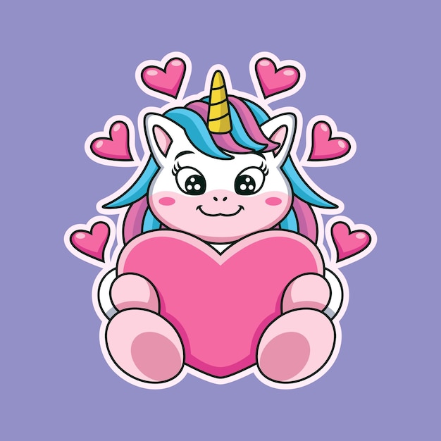 Vector cute unicorn with big love cartoon animal vector icon illustration isolated on premium vector