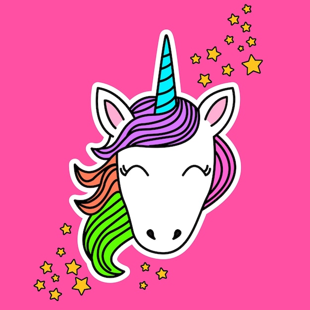 Vector cute unicorn with a blue horn and colorful hair