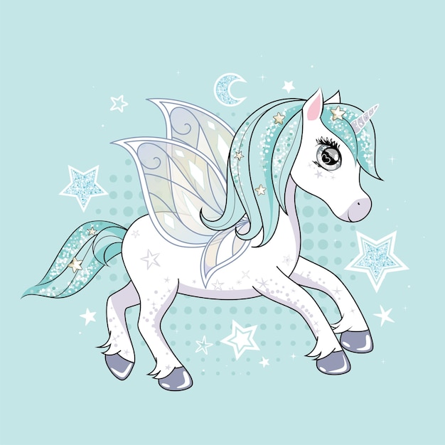 Simpatico unicorno con ali di farfalla e capelli scintillanti su sfondo con stelle