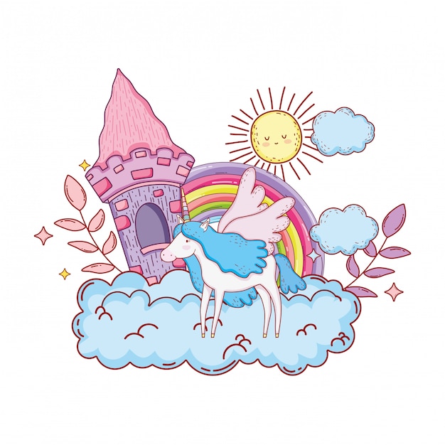 Unicorno carino con castello e arcobaleno nel cloud