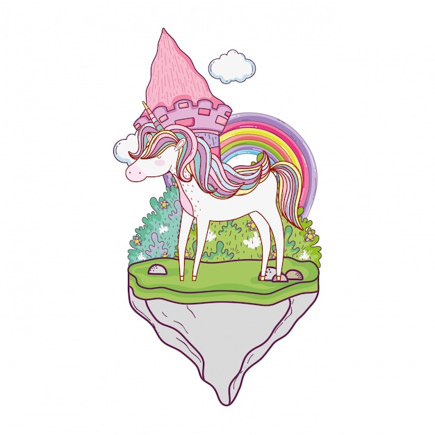 Unicorno carino con castello e arcobaleno