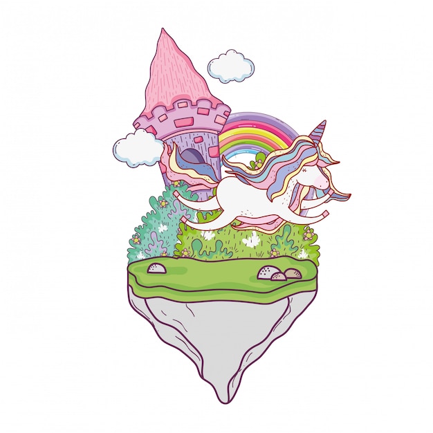 Unicorno carino con castello e arcobaleno