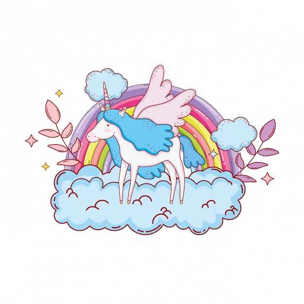 Unicorno carino con nuvole e arcobaleno