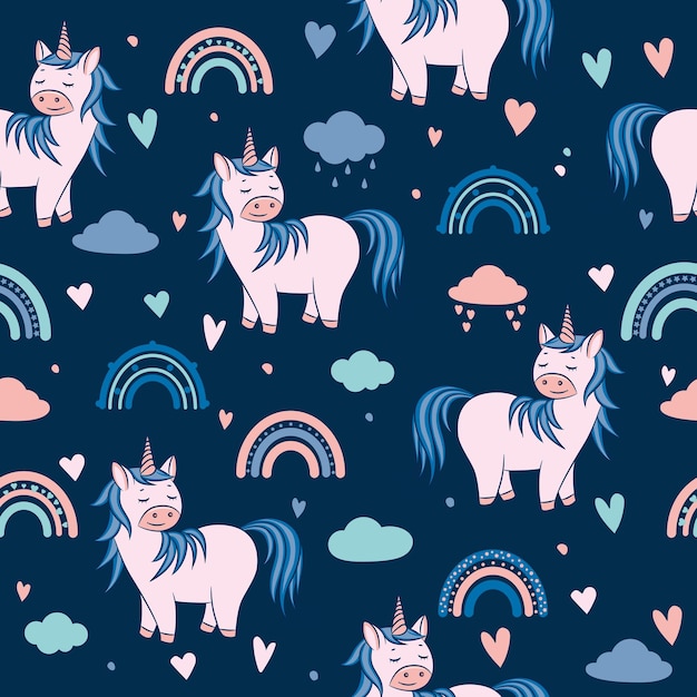 Cute unicorn with clouds and rainbows on a dark background