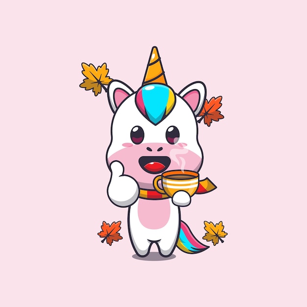 cute unicorn with coffee in autumn season