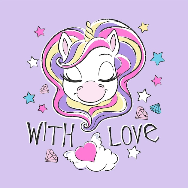 Unicorno carino con capelli colorati e stelle, con illustrazione di amore