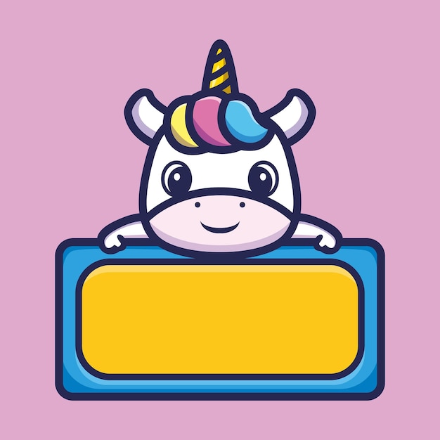 Vector cute unicorn with empty board cartoon character premium vector